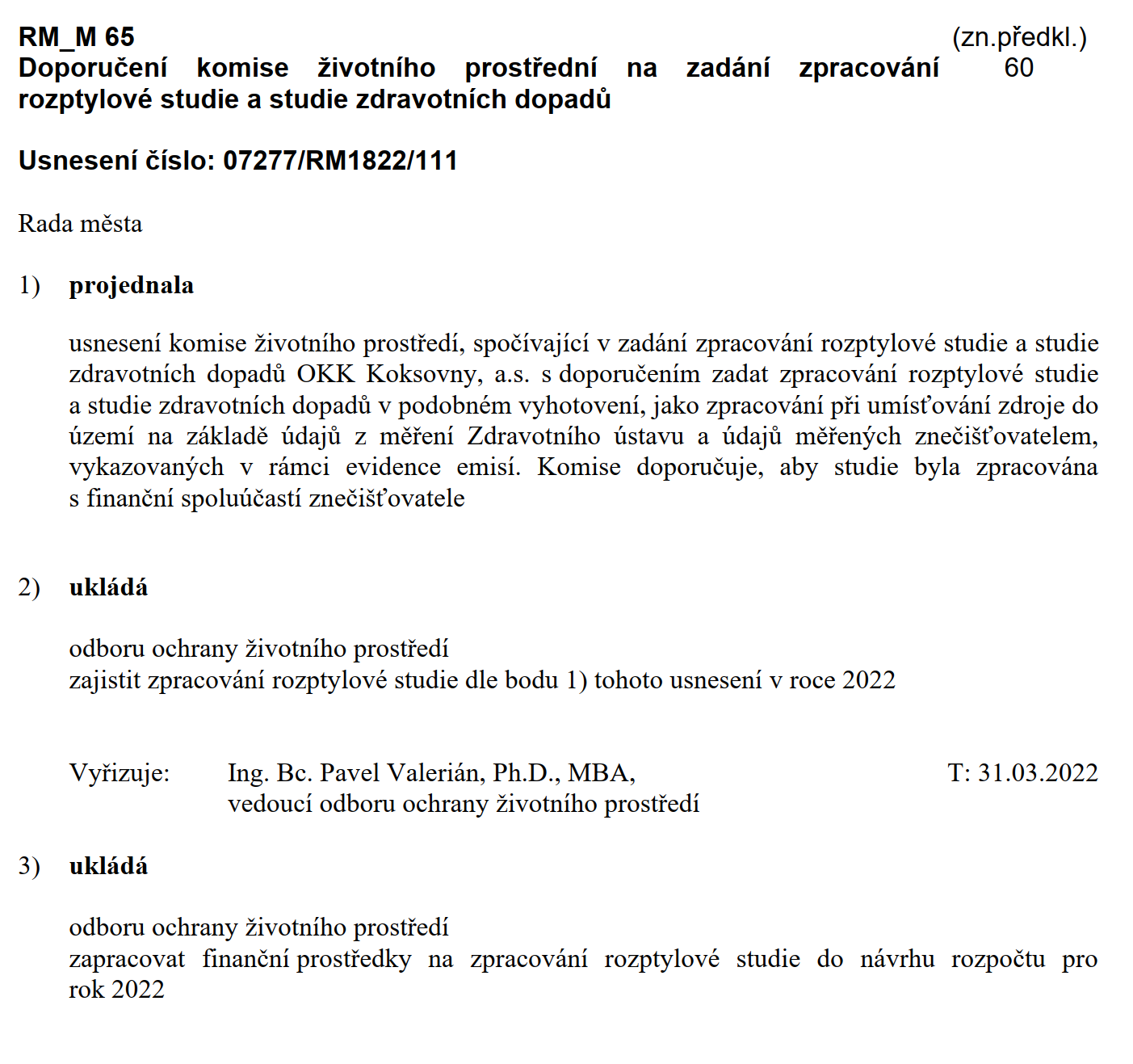 Usnesení rady k rozptylové studii ke koksovně.