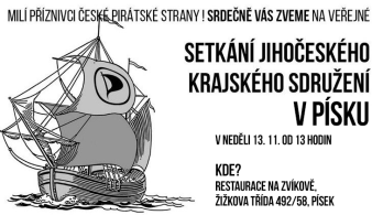 Zveme do Písku na setkání jihočeských Pirátů v neděli 13. září 2022