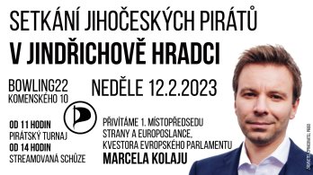 Zveme do Jindřichova Hradce na setkání jihočeských Pirátů v neděli 12. února 2023